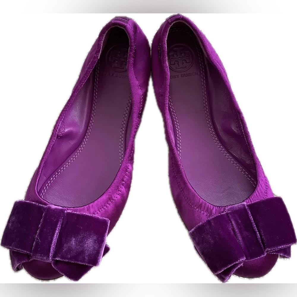 Women’s Tory Burch Purple Satin Flats with Velvet Bows, Sz. 6